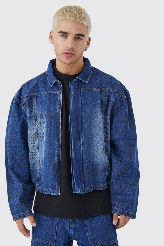 Kastige Jeansjacke mit Text Laser-Print