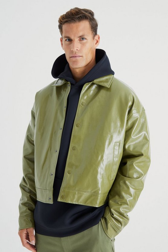 Tall kastige hochglänzende PU Harrington-Jacke