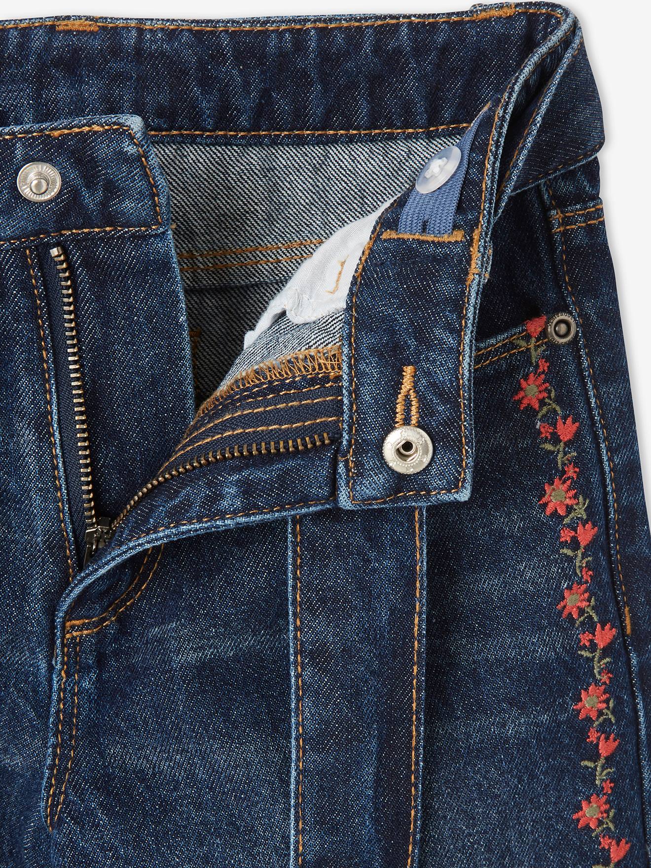 Jean large brodé fleurs fille brut