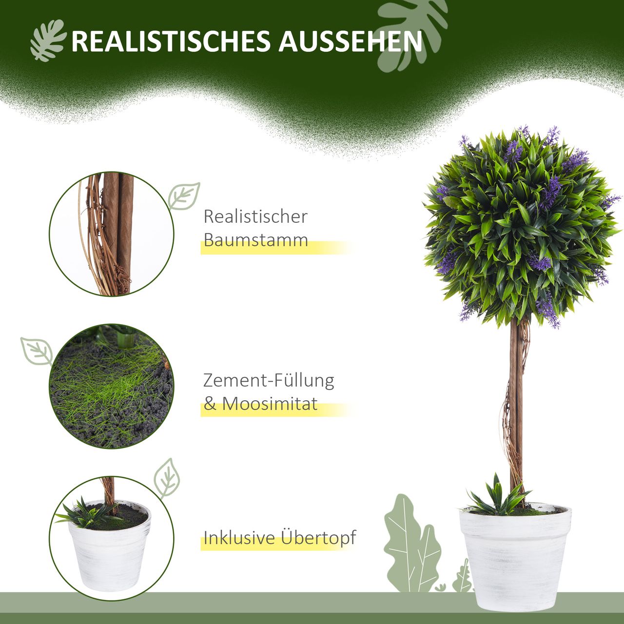 HOMCOM Kunstpflanze Lavendel 2er-Set Künstliche Pflanzen 60 cm Zimmerpflanze