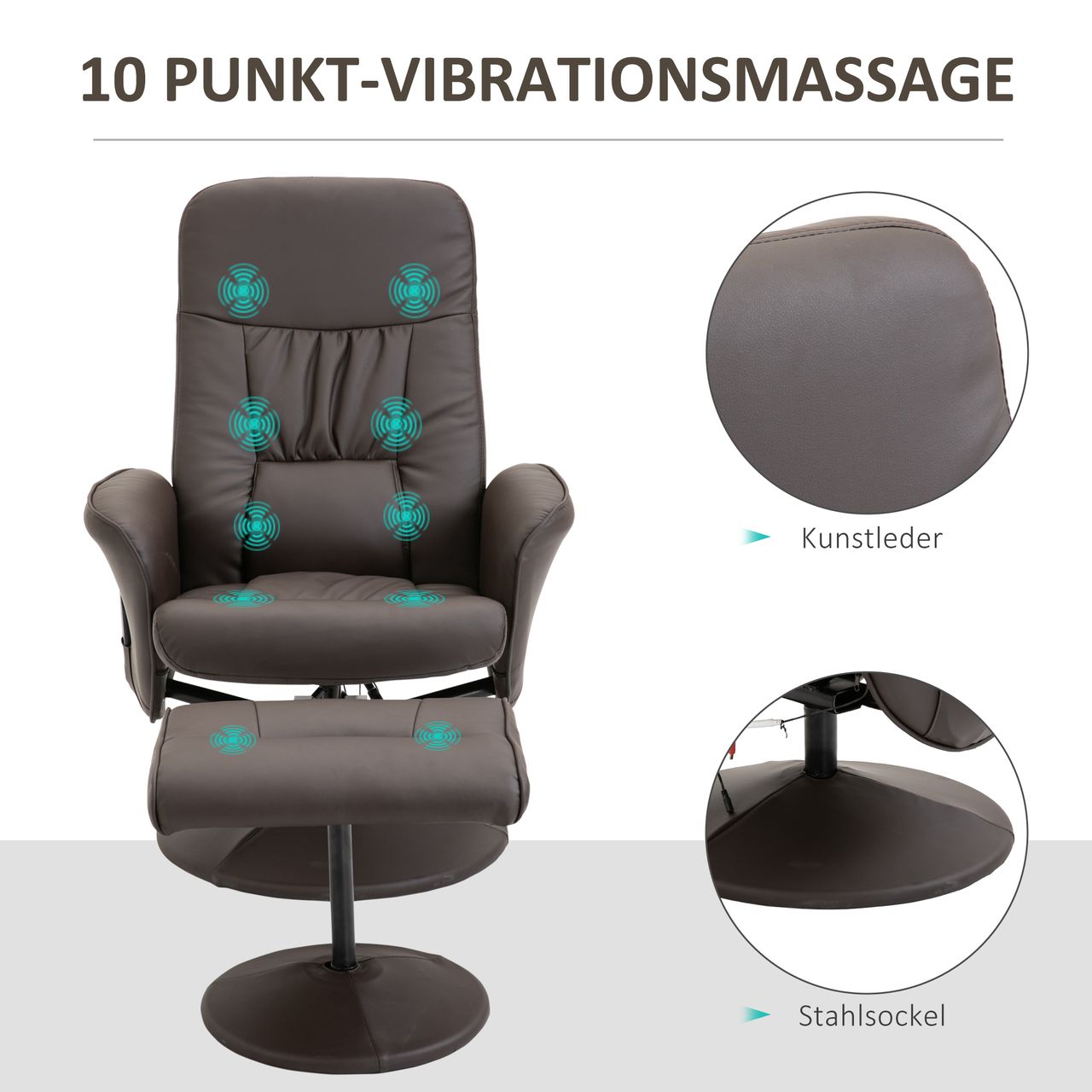 HOMCOM Relaxsessel mit Liegefunktion Massagesessel mit Fußhocker Braun