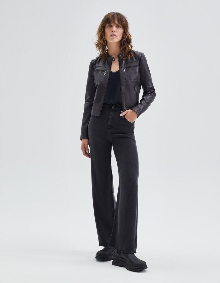 Jean large gris taille haute 7/8e bas frangés Femme
