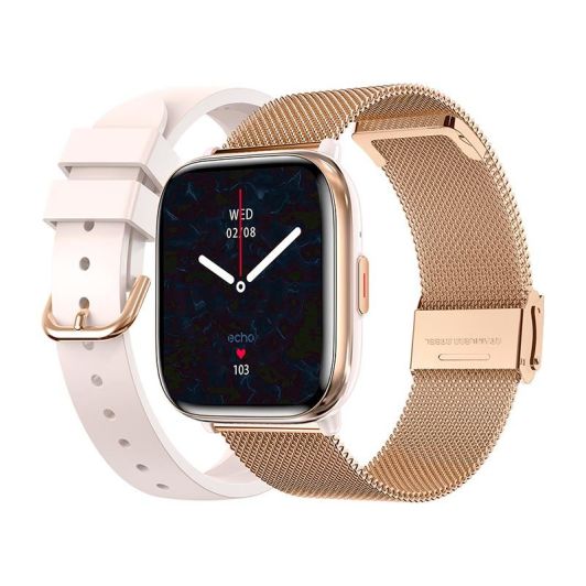 Smartwatch ECHO Rainbow Nano – w zestawie 2 paski (różowy silikon, złoty metal)
