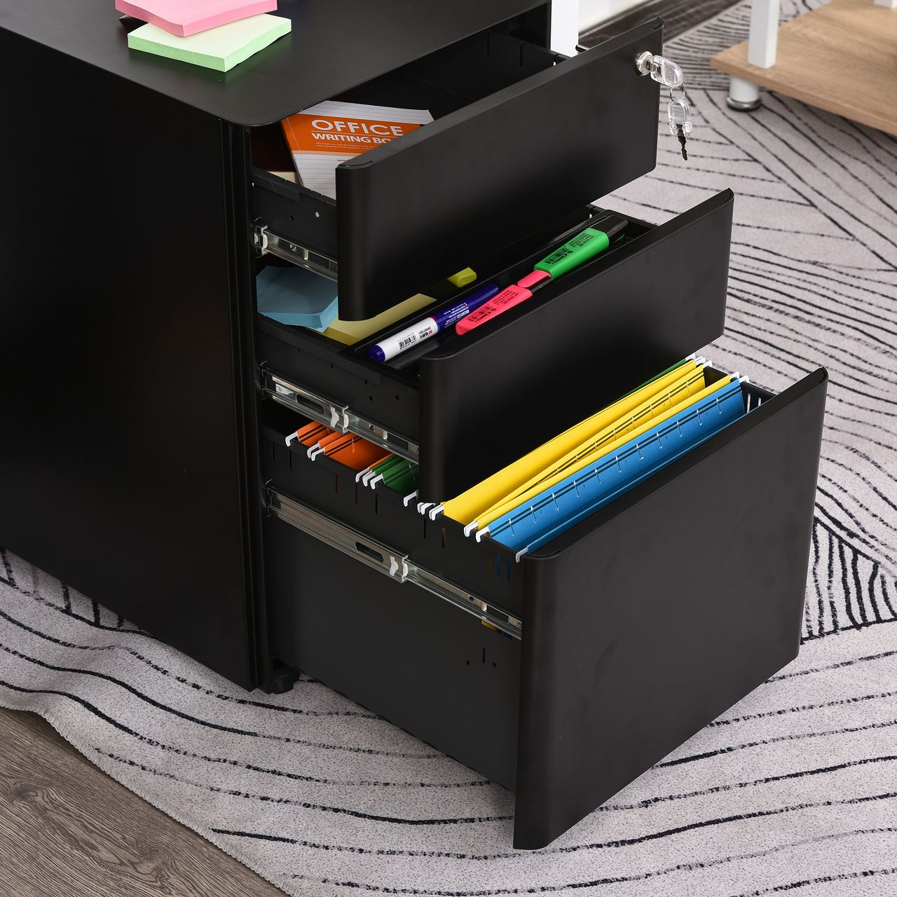 Vinsetto Rollcontainer, mobiler Aktenschrank mit 3 Schubladen, Büroschrank, Aufbewahrung, Stahl, Schwarz, 39 x 48 x 59 cm