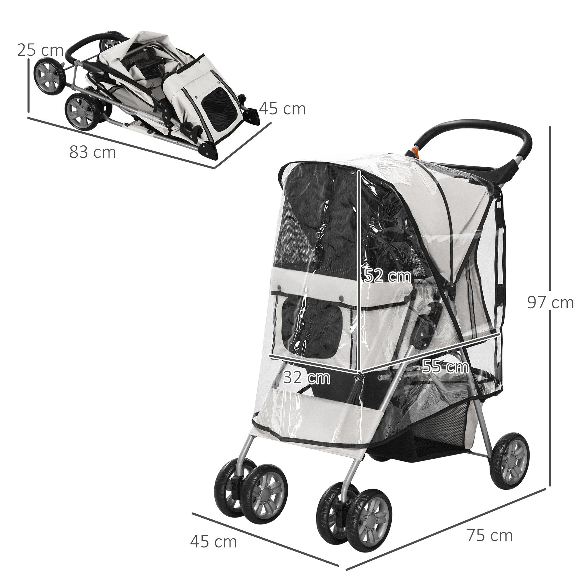 PawHut Hundebuggy Haustierbuggy, faltbar, mit Korb, Becherhalter, 75 x 45 x 97 cm, Grau, (1-tlg), Hundebuggy