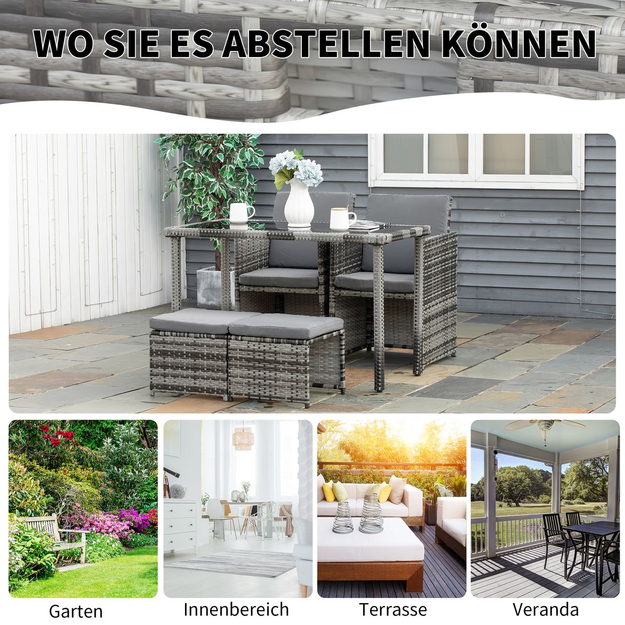 Outsunny Polyrattan Sitzgruppe Essgruppe Gartenset Garnitur 11 tlg. mit Kissen, Grau