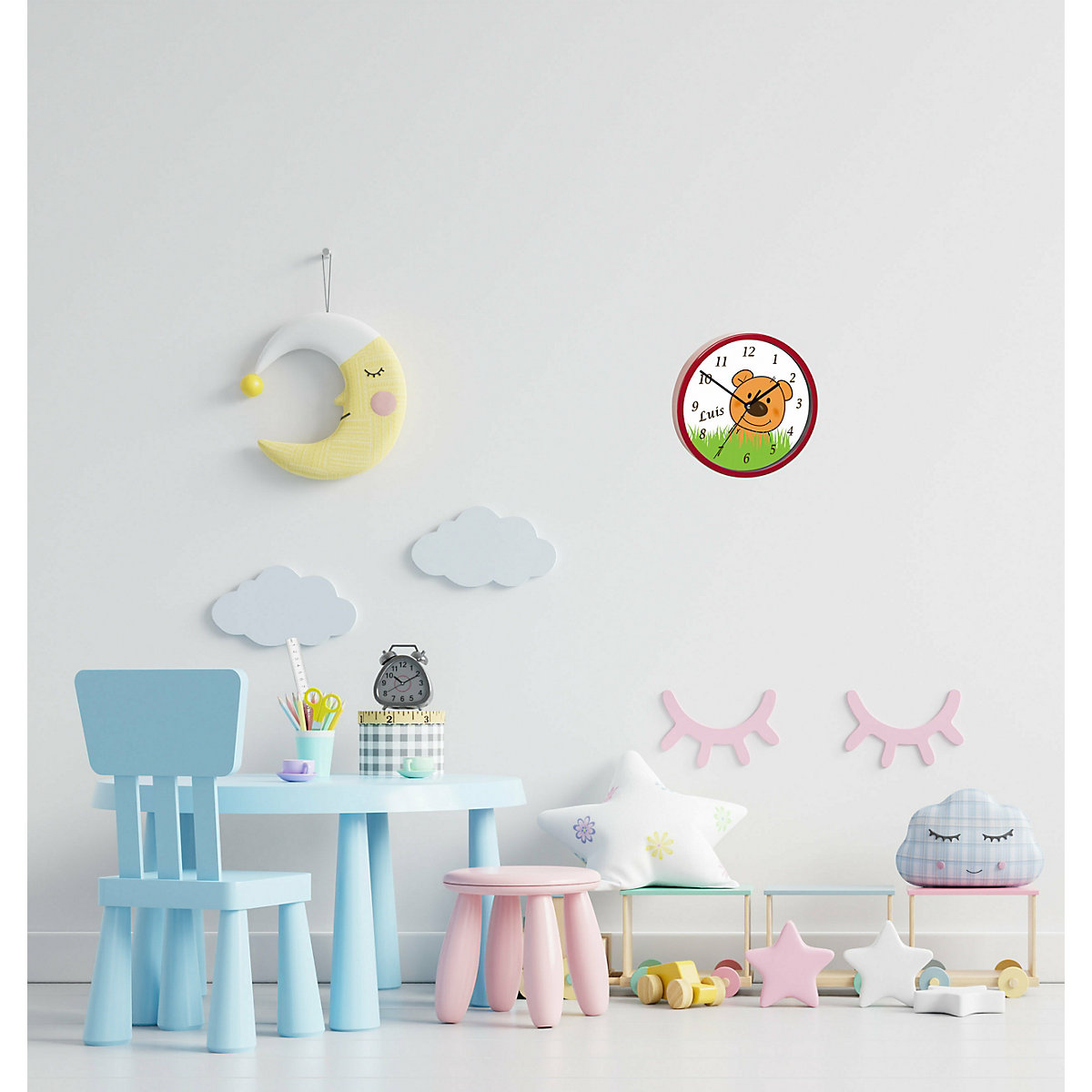 Kinder Wanduhr laufruhig personalisiert mit Name Teddy Bär-Graß
