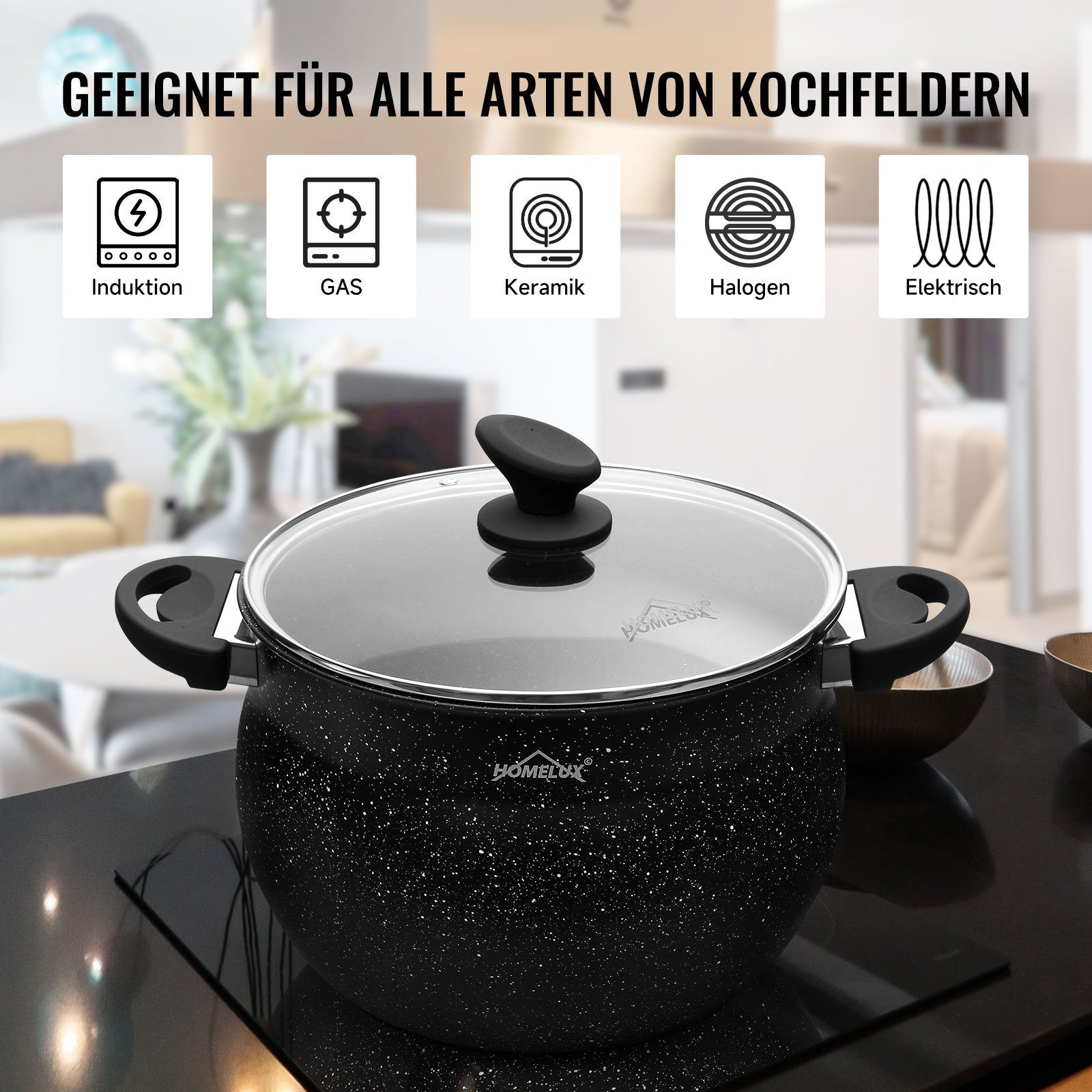 HOMELUX Topf-Set Topf-Set 6 tlg Suppentöpfe Set, Kochtopf Induktions mit Glasdeckel, Aluminium (für alle Herdarten, 6-tlg), induktionsgeeignet, Antihaftbeschichtung