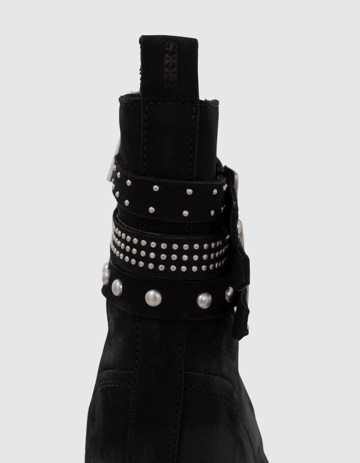 Boots à lacet noirs cuir à brides cloutées Femme