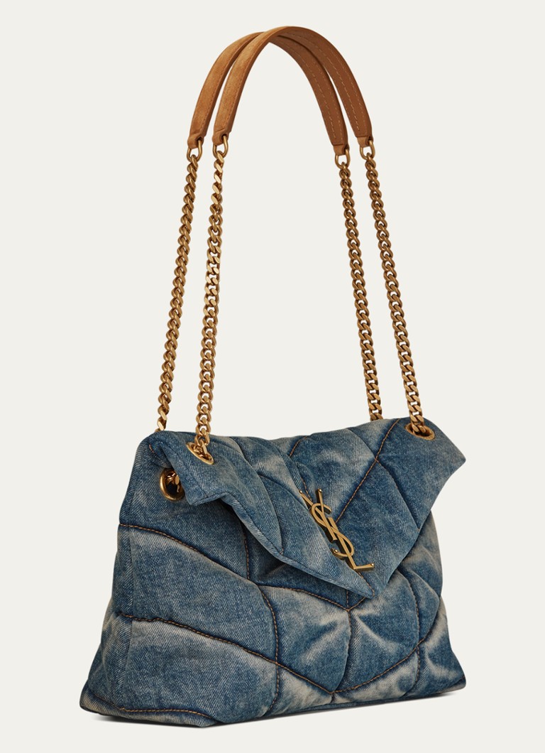 Saint Laurent Puffer Small shoulder bag of quilted denim and calf suede