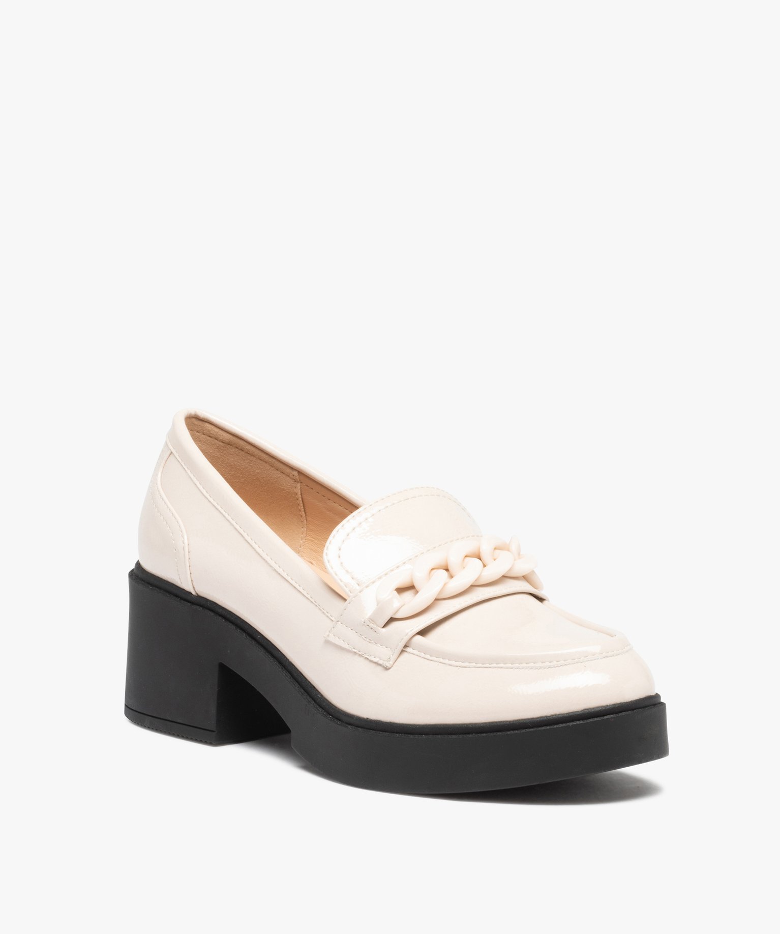 Mocassins femme vernis à talon large et semelle épaisse beige | GEMO