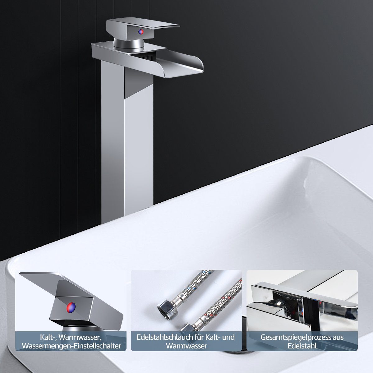 MULISOFT Waschtischarmatur Wasserfall Waschbecken 304 Edelstahl wassersparend für Badezimmer Hochwertige Wasserhahn Bad Einhebelmischer