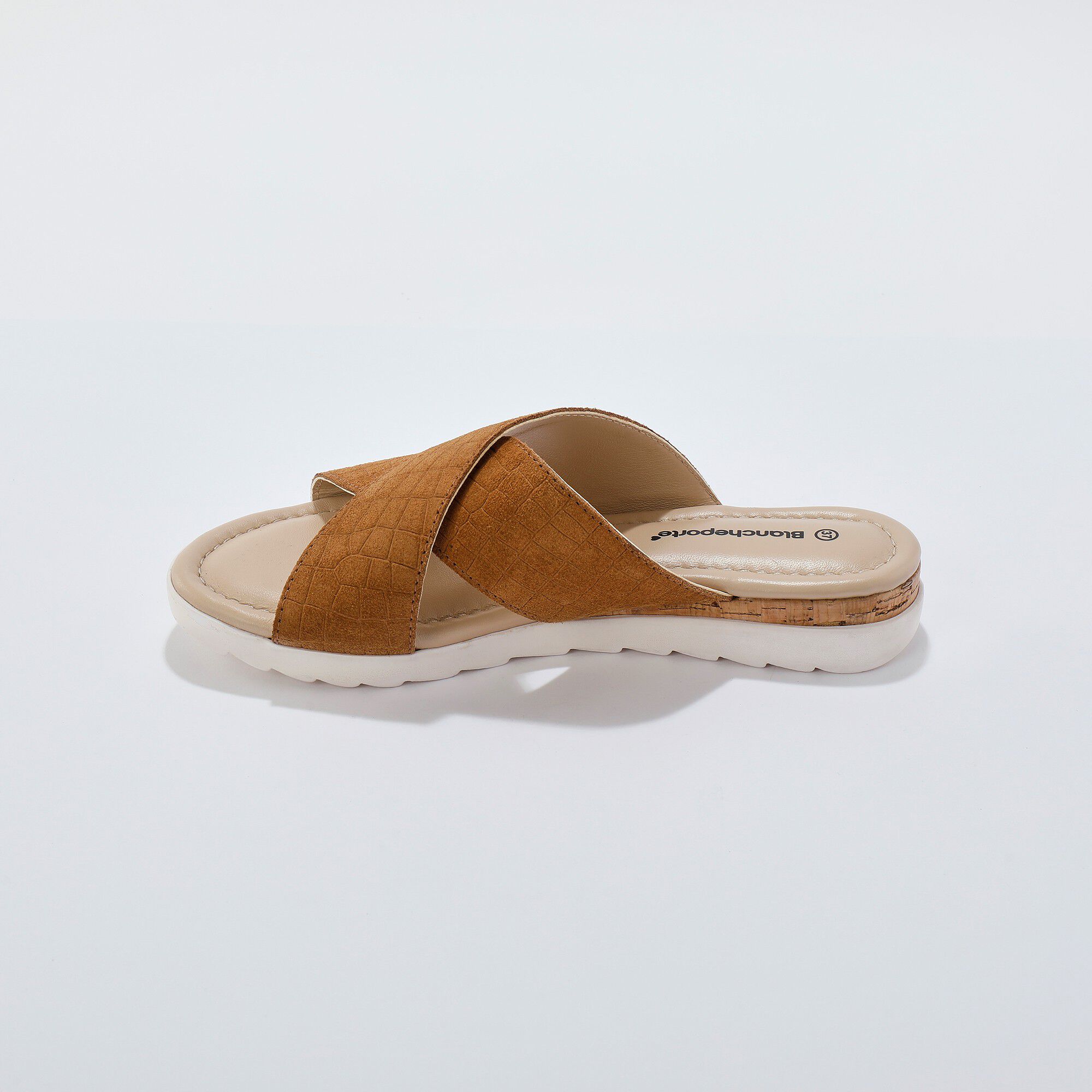 Mules compensées cuir effet croco avec liège fantaisie
