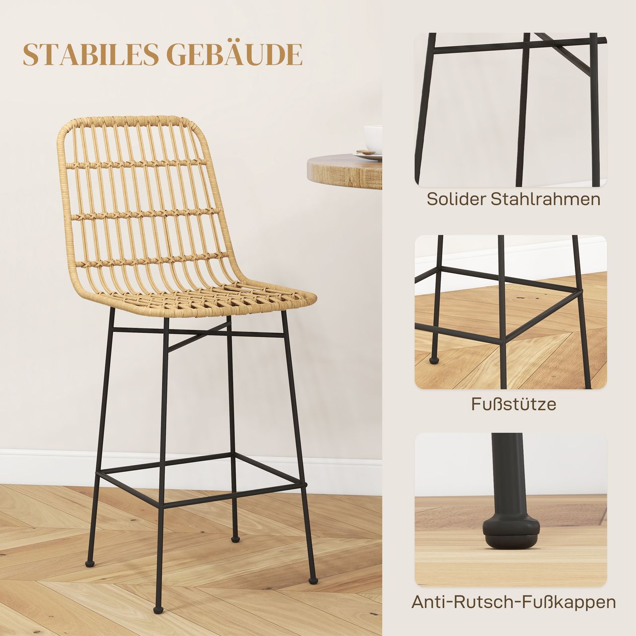 HOMCOM Barhocker 2er-Set, Barstuhl mit Rückenlehne aus PE-Rattan, Gelb