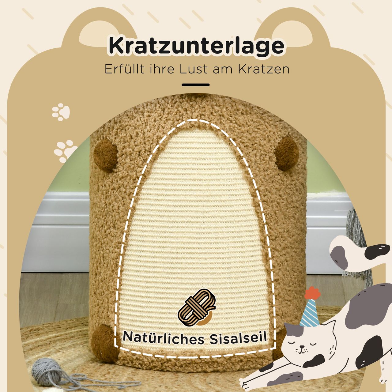 PawHut Kratztonne Höhe 66 cm, Kratzturm mit 2 Höhlen, Katzentonne mit Kratzbrett
