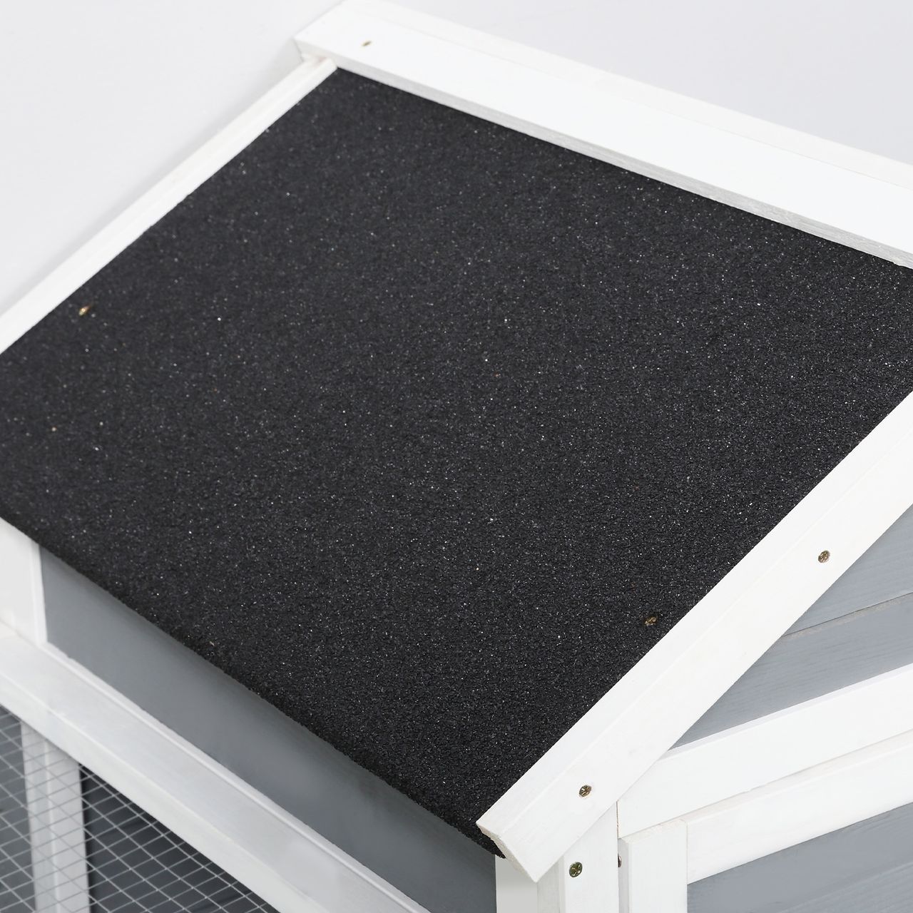 PawHut Kaninchenstall Tannenholz Outdoor Indoor Kleintierstall Kleintierhaus Kleintierkäfig Herausnehmbare Bodenwanne und Rampe Grau Schwarz Weiß 122 x 62,6 x 92 cm