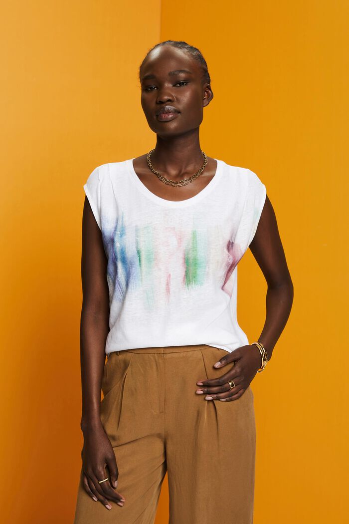 T-Shirt mit Frontprint, Leinenmix