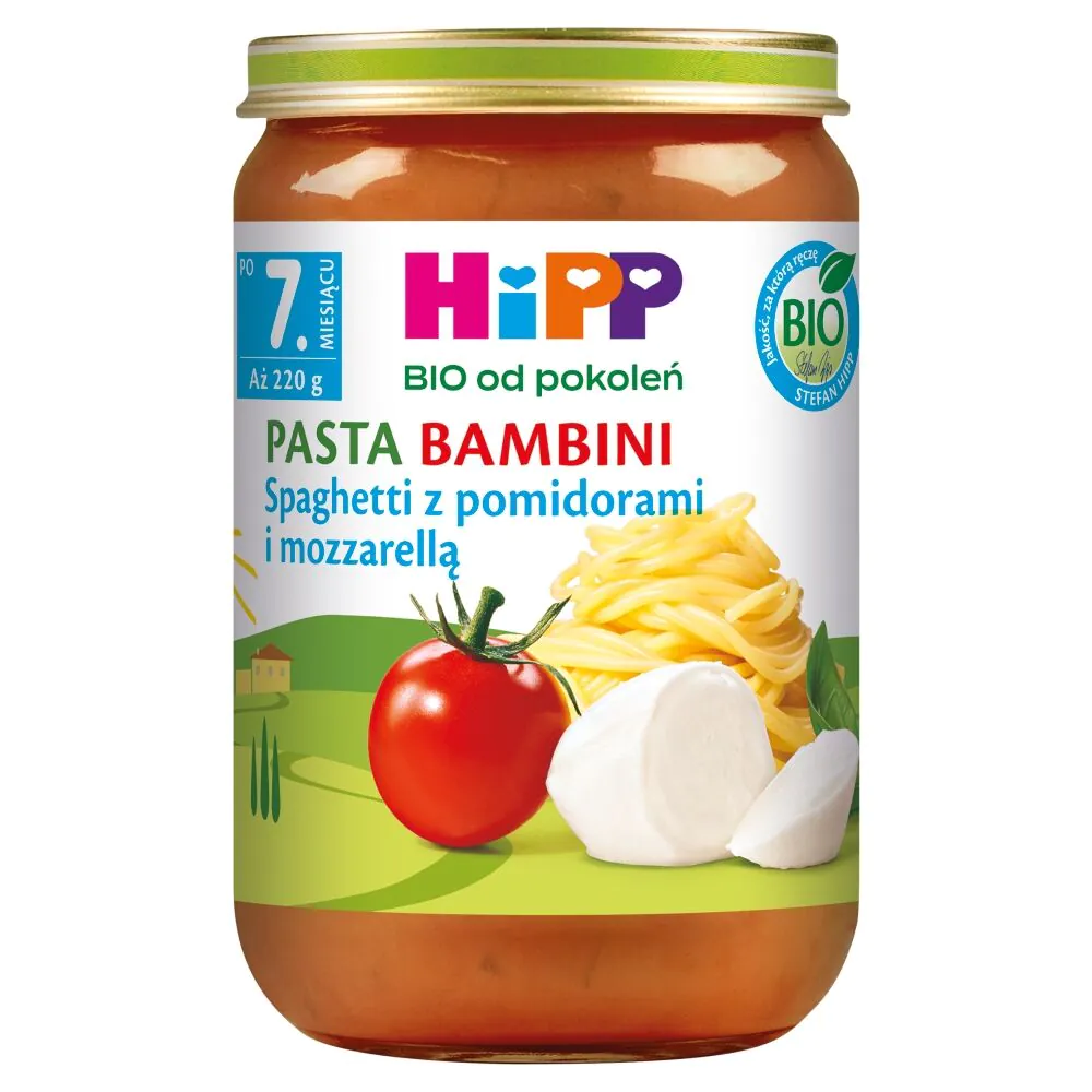 Hipp Dinner BIOPasta Bambini spagečiai su pomidorais ir mocarela po 7 mėnesių