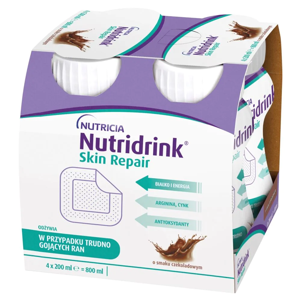 „Nutridrink Skin Repair“ – geriamasis maisto papildas, kurio sudėtyje yra žaizdų gijimą skatinančių ingredientų, šokolado skonio.