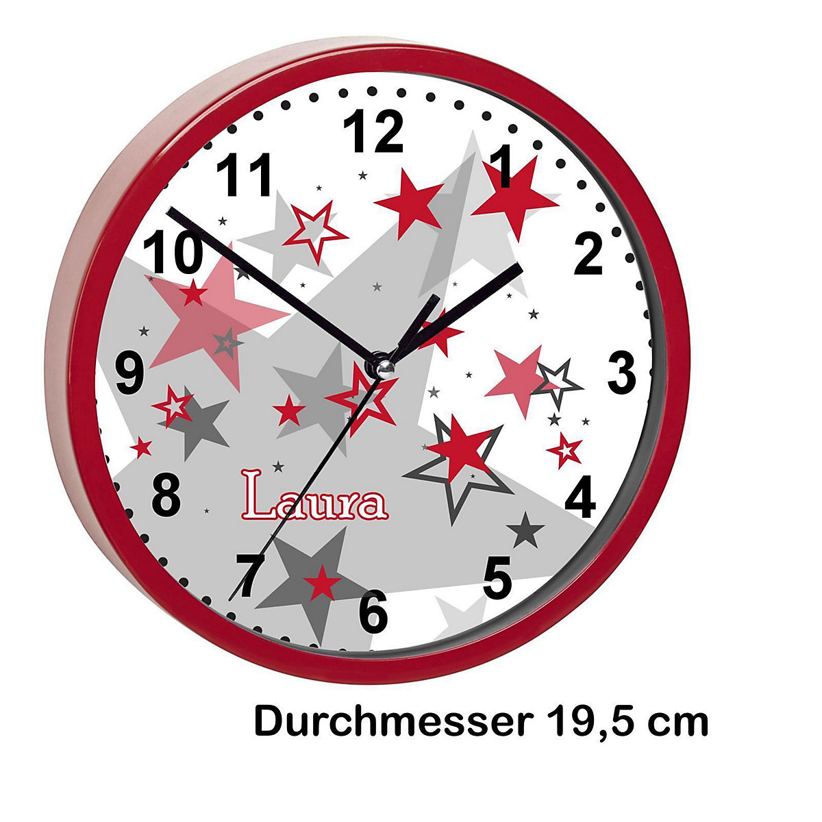 Kinder Wanduhr laufruhig personalisiert mit Name Sternenhimmel Rot Grau