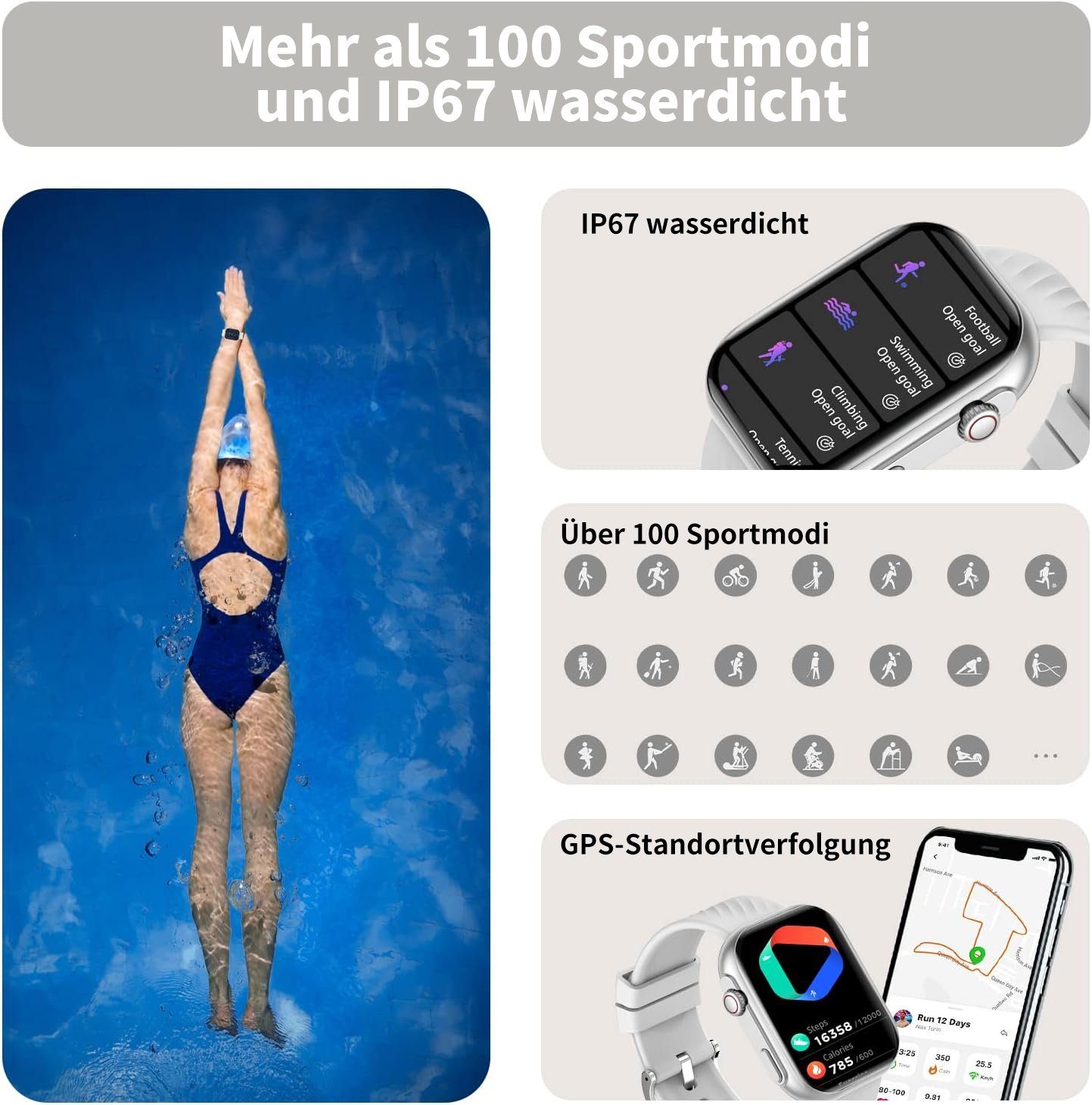 JOEAIS Damen Smartwatch Fitnessuhr Sport Watch Fitnessarmband Smartwatch (2.01 