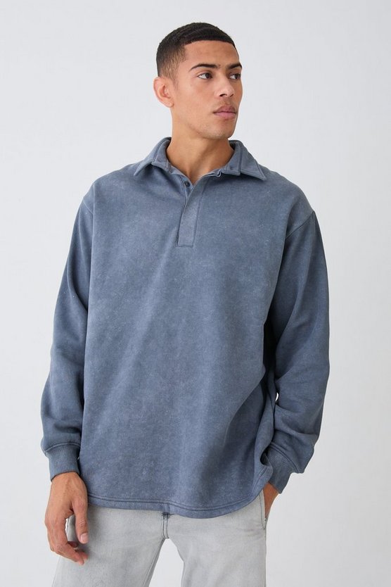 Oversized Washed Rugby Sweatshirt Polo