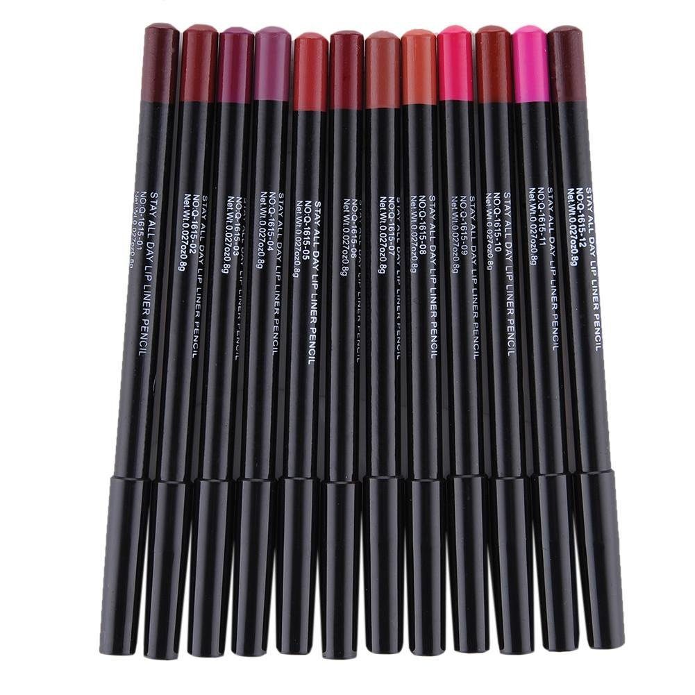 POCHUMIDUU Lipliner Lippenstift, 12 Farben, Lipliner-Stift, wasserfester Lipliner, 12-tlg., Konturstifte mit Deckel