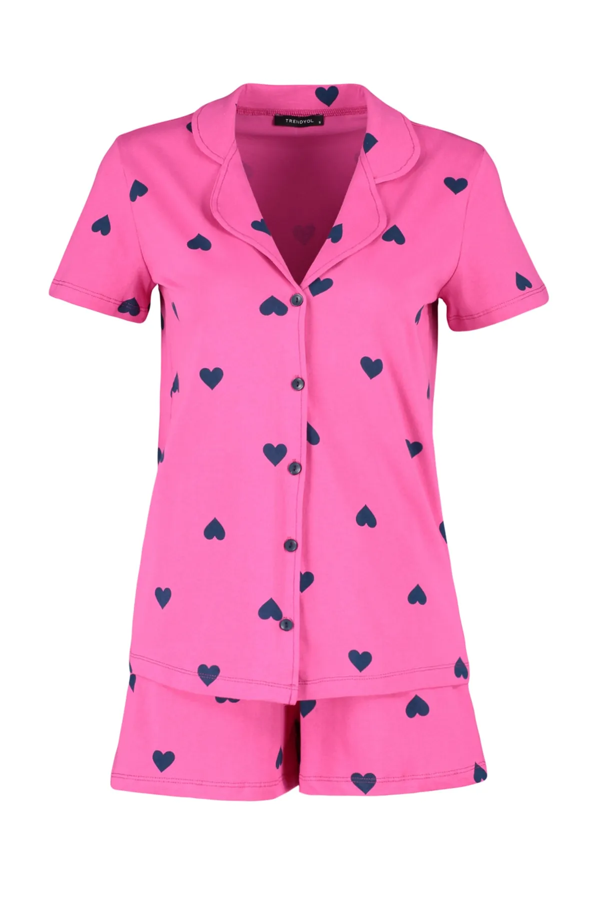 Trendyol Collection  Rosa gestricktes Pyjama-Set mit Hemd und Shorts aus 100 % Baumwolle mit Herzmuster THMSS21PT0756