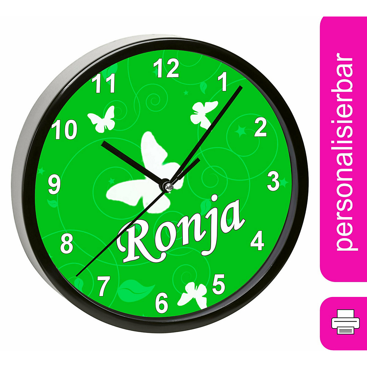 Kinder Wanduhr laufruhig personalisiert mit Name Schmetterling Ornamente grün