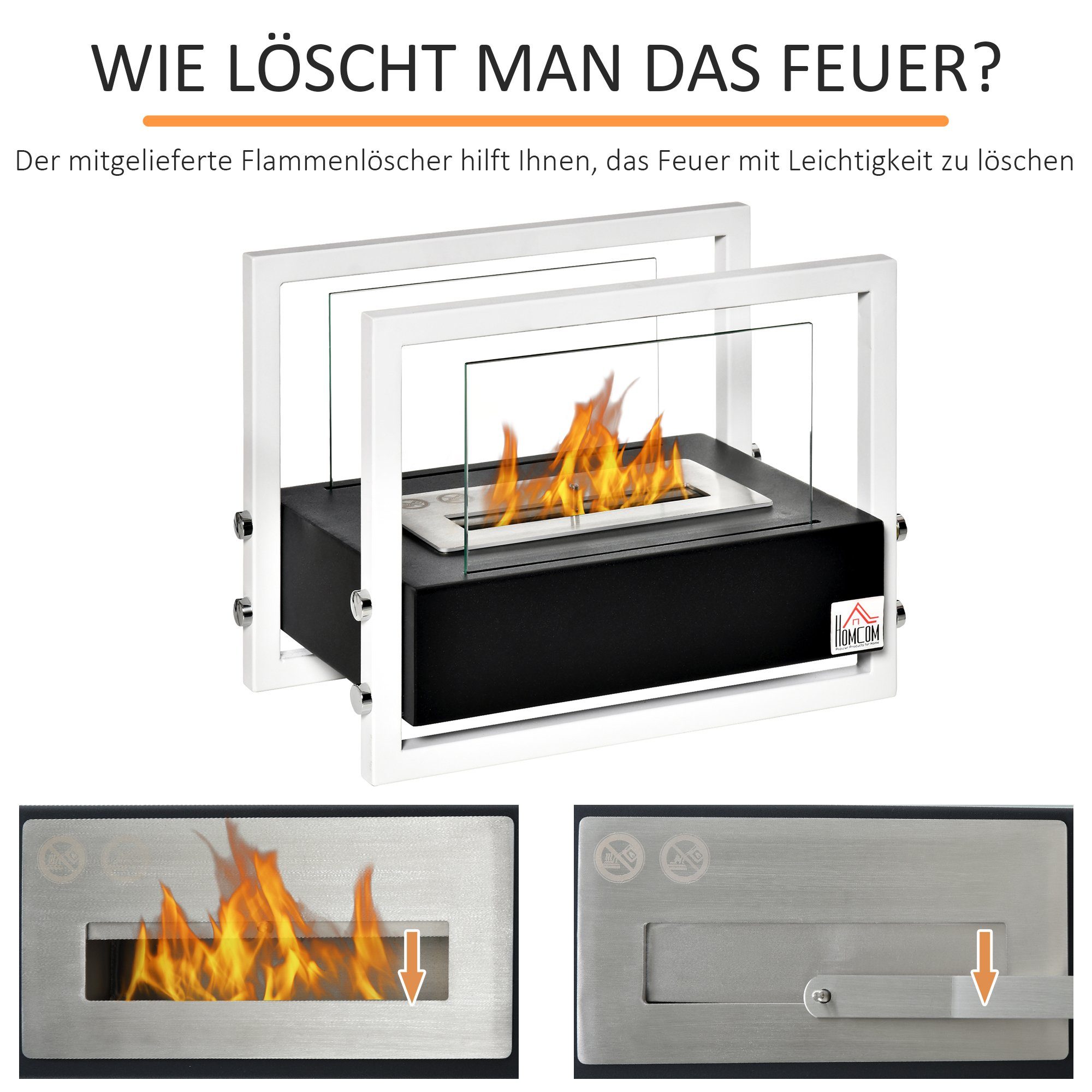 HOMCOM Echtfeuer-Dekokamin Ethanol-Kamin, Biokamin Bio Ethanol Brenner 1,5L kein Rauch Schwarz+Weiß