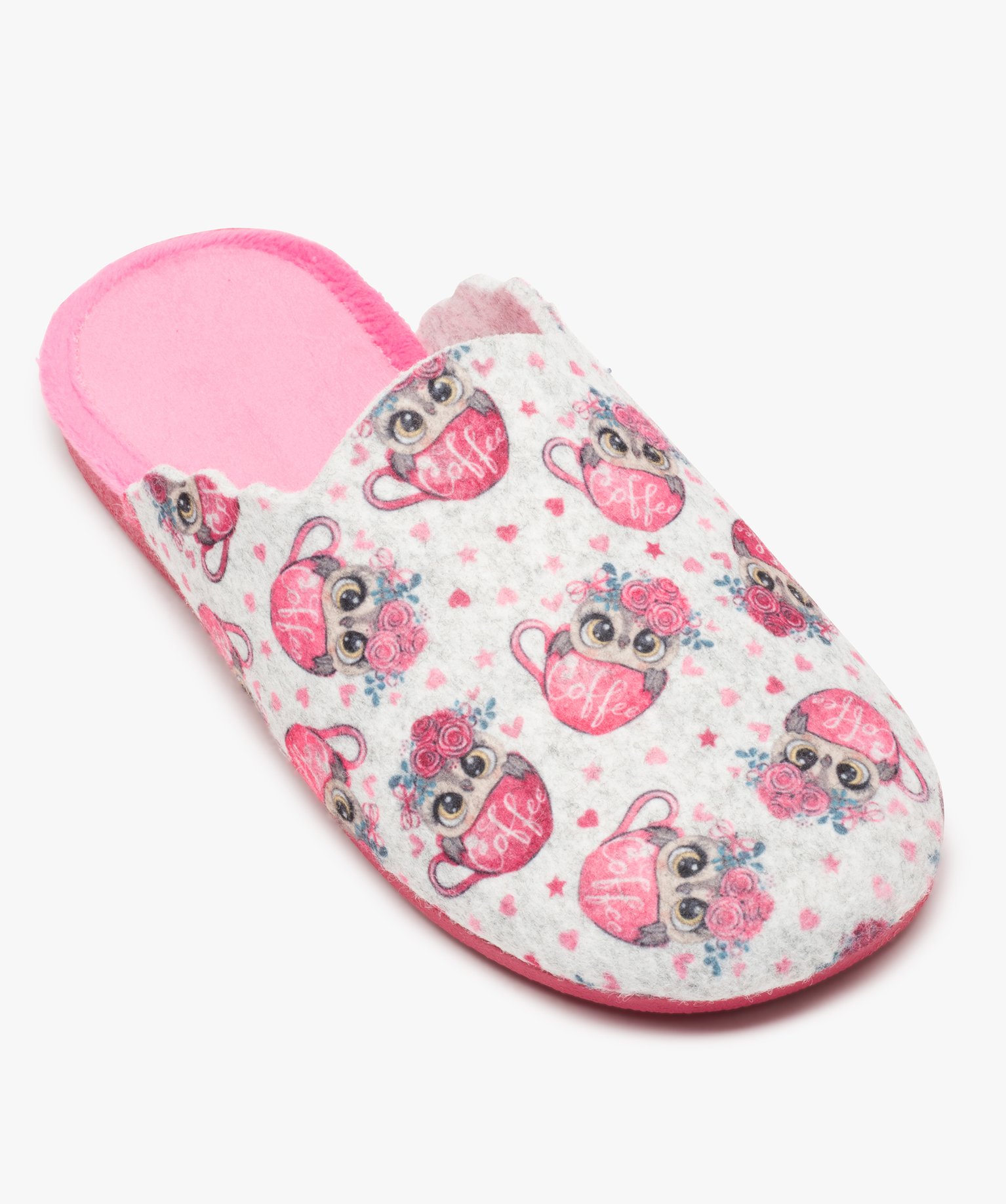 Chaussons femme mules plates en feutrine imprimée rose | GEMO