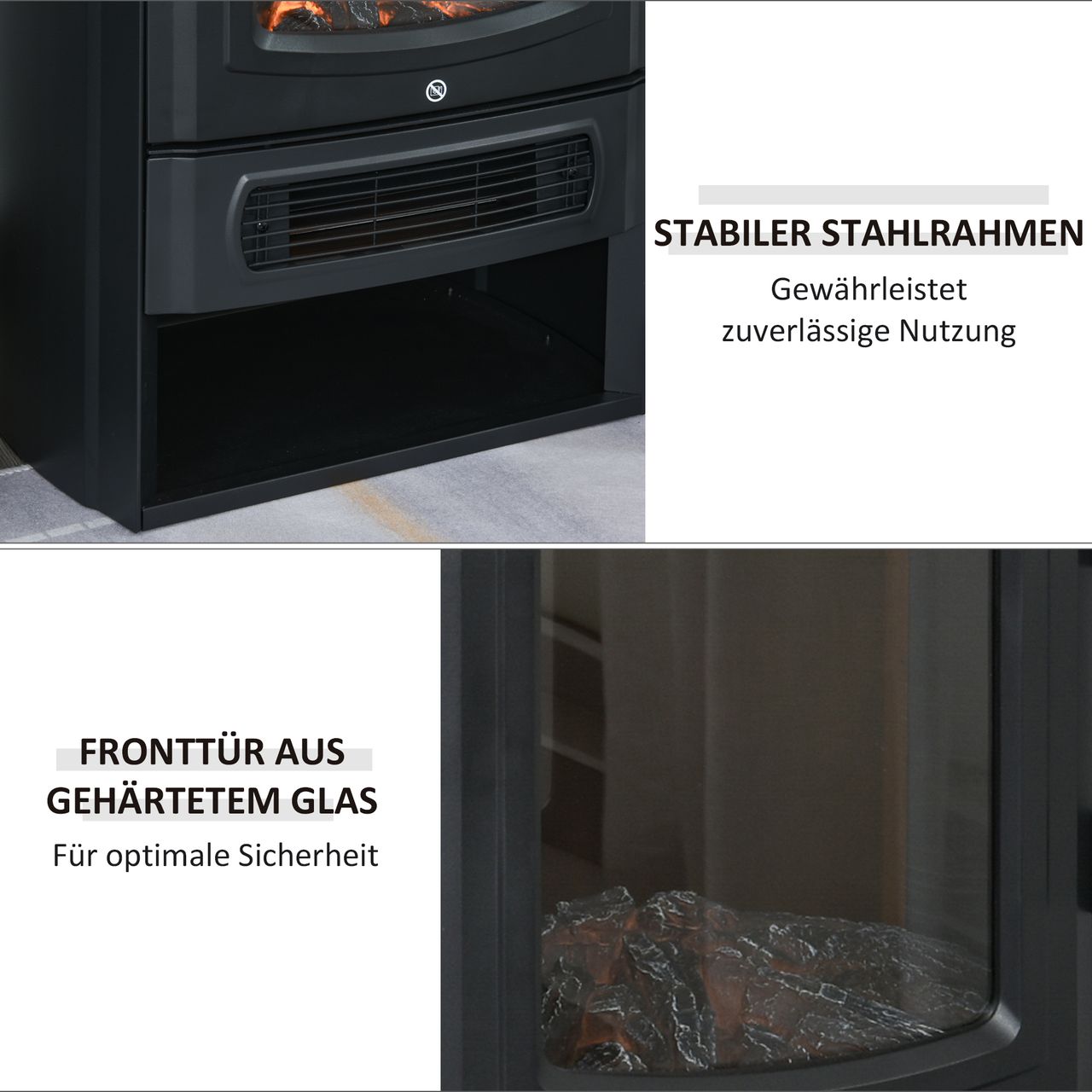 HOMCOM Elektrokamin mit Flammeneffekt Thermostat 1000 W/2000 W 20–25 qm Schwarz