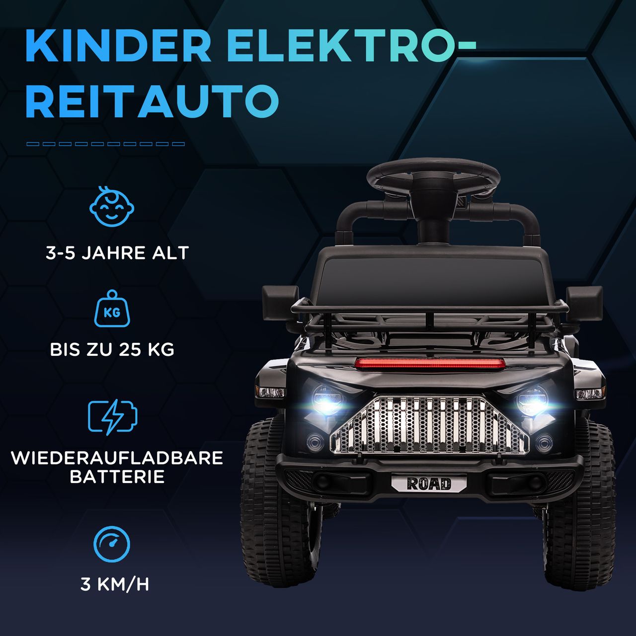 HOMCOM Elektro Kinderauto, Geländewagen mit Musikanschluss, Stauraum, Schwarz