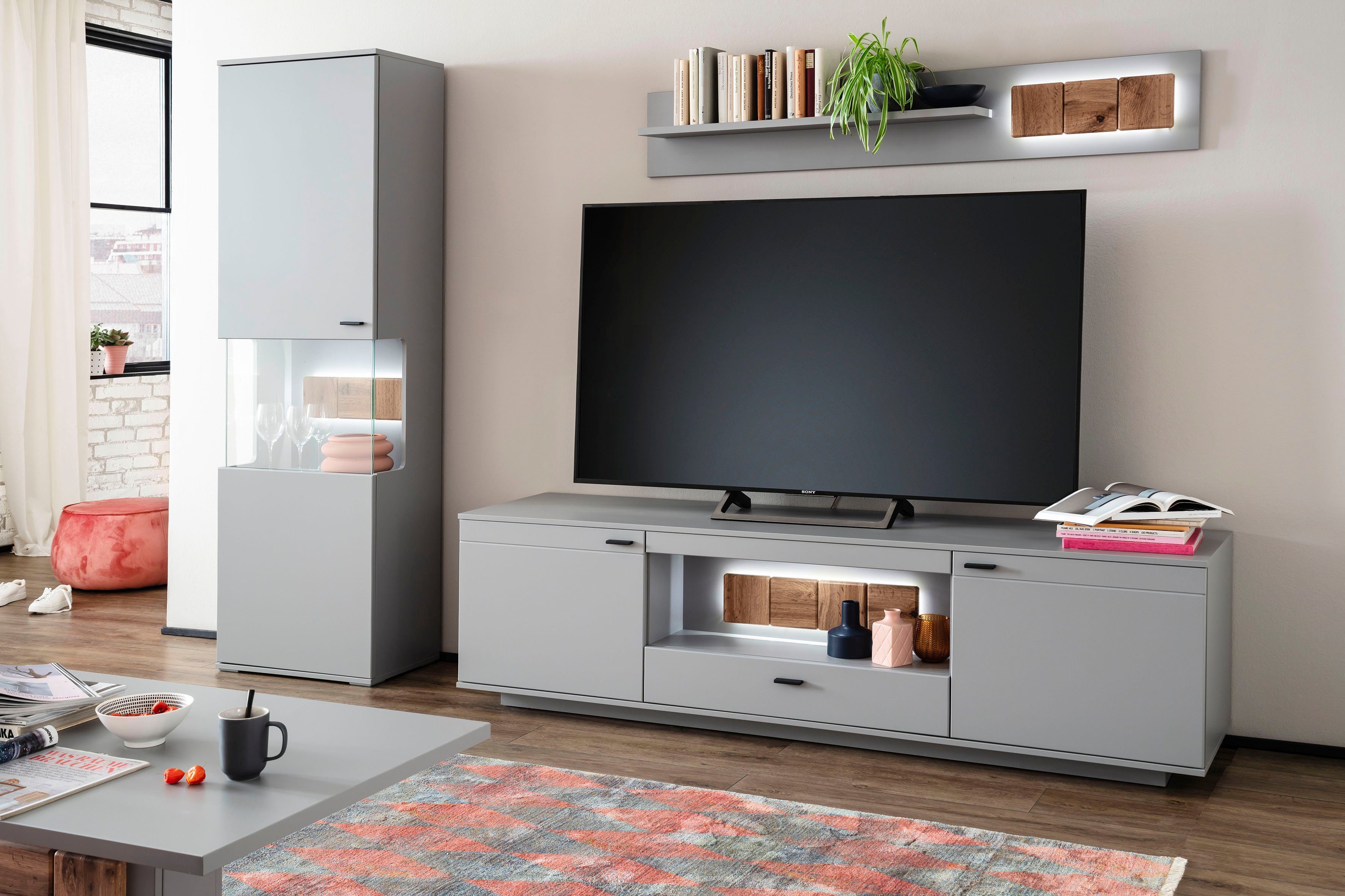 MCA furniture Wohnwand Zadar, (3-St), moderne Wohnwandkombination in Arktis Grau, wahlweise mit Beleuchtung