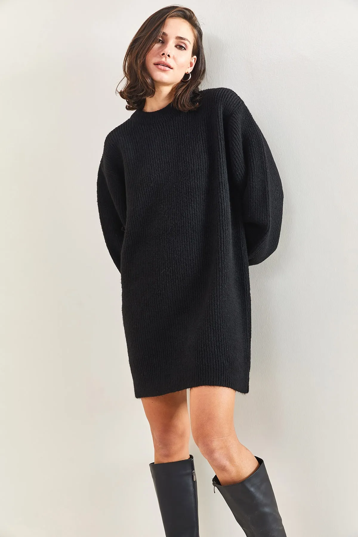 Bianco Lucci  Damen Ärmel Gemustertes Rippenstrick Tunika Pullover Kleid