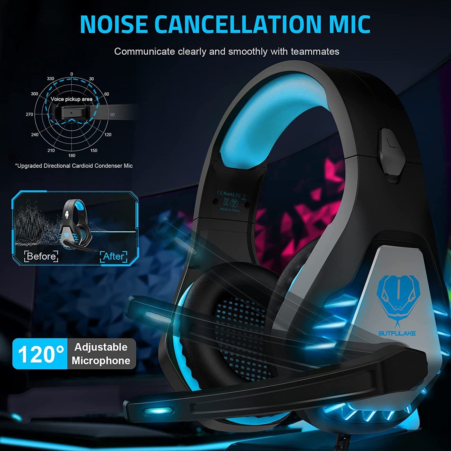 Mutoy Gaming Headset für PC,PS4,PS5,Xbox One,Xbox Series X,Nintendo Switch Gaming-Headset (3.5mm Noise Cancelling Gaming Kopfhörer mit Mikrofon, LED Leuchten und Soft Memory Ohrenschützer)