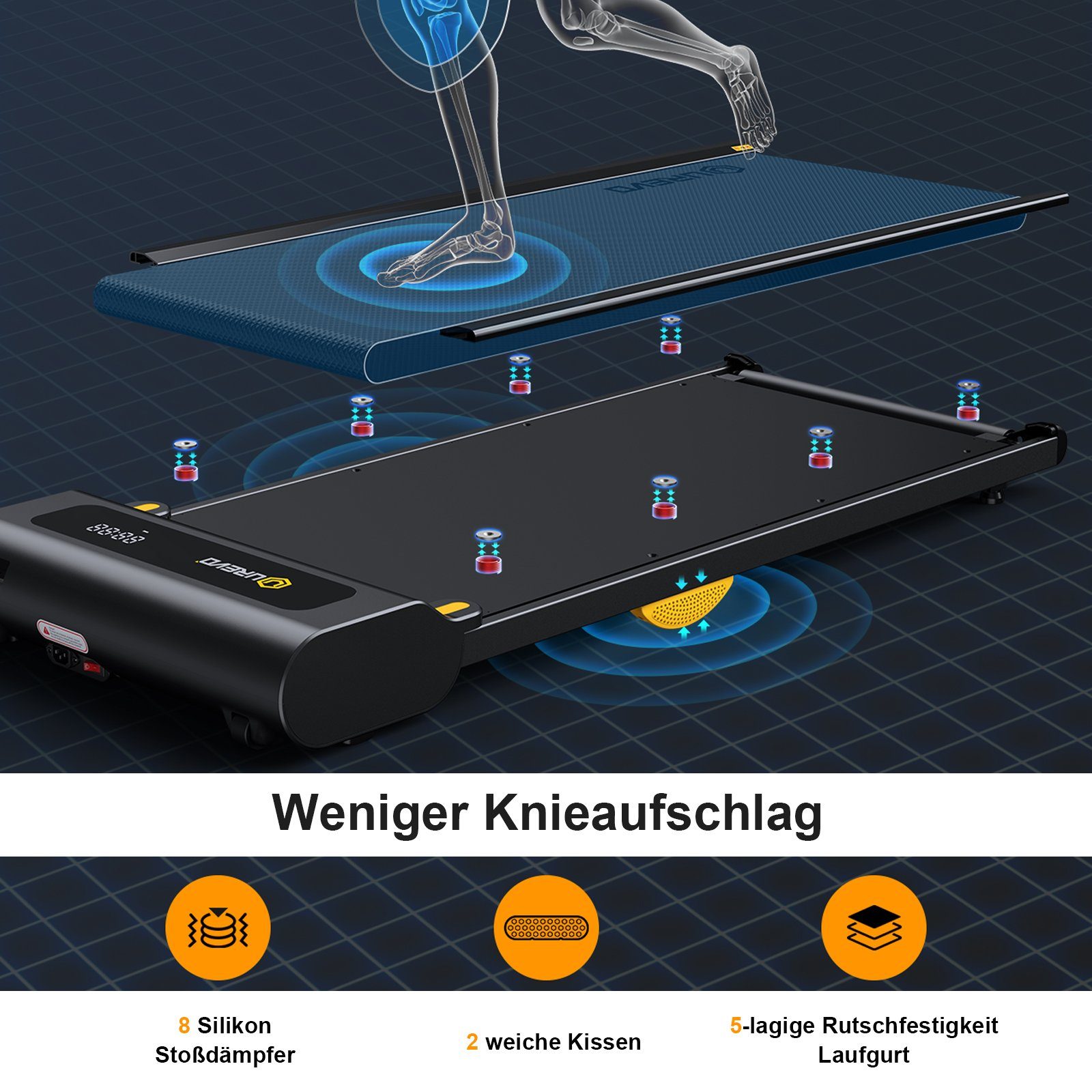 REDOM Laufband Profi Elektrisches Laufband Fitness Treadmill Sports Zuhause 1-6 km/h (8 Silikon-Stoßdämpfer und 2 zusätzliche weiche Gummikissen, Trainingspfade mit Fernbedienung und LED-Display, UREVO), Walking pad für Zu hause mit doppelter Stoßdäm