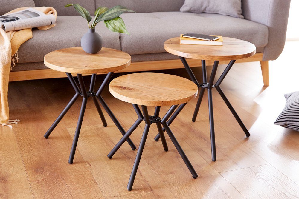 riess-ambiente Beistelltisch FACTORY 40cm natur (Set, 3-St), Massivholz · Metall-Gestell · Industrial · Eiche