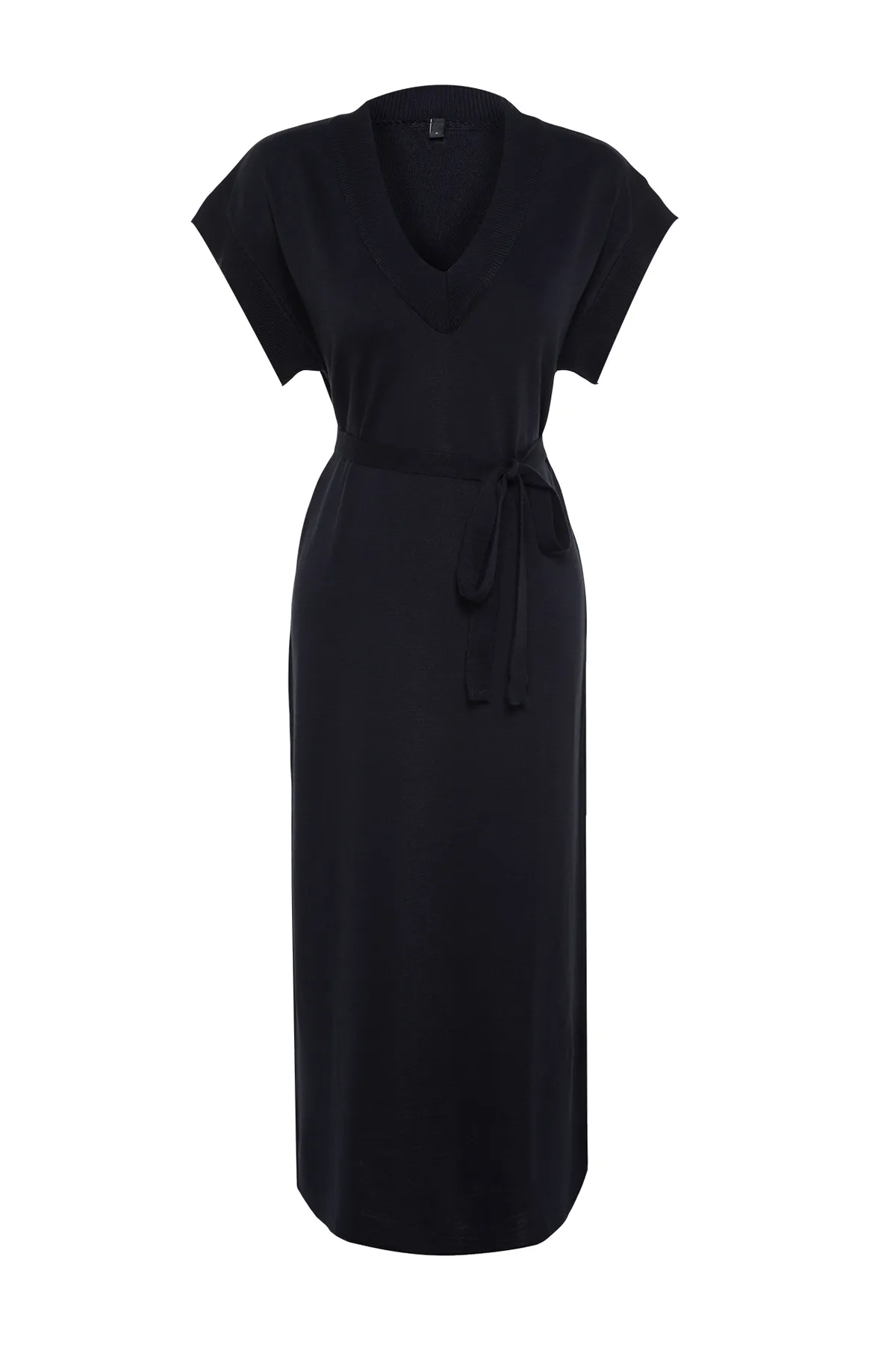 Trendyol Modest  Marineblaues langes Strickpulloverkleid mit Gürtel TCTAW24UV00020