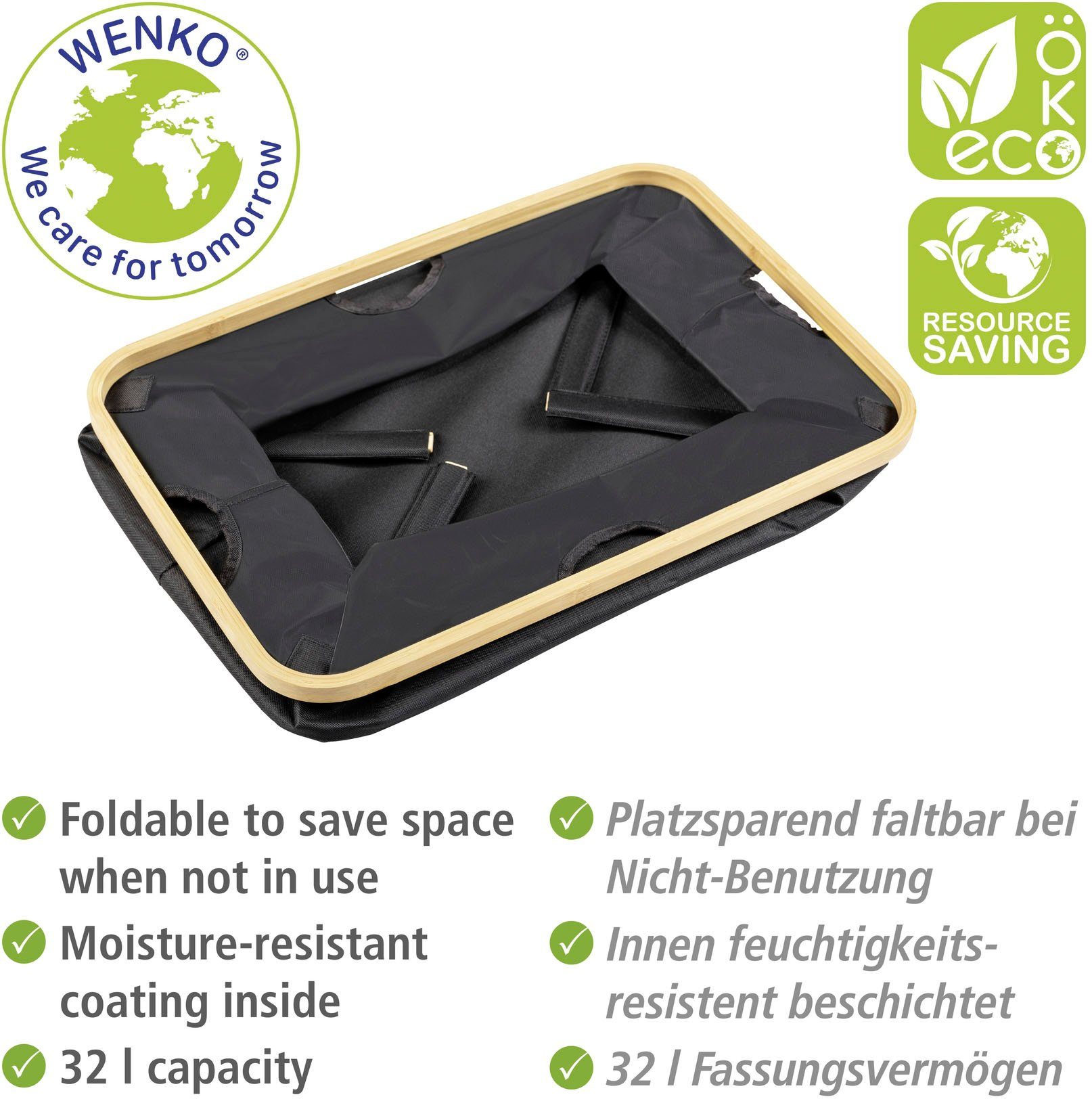 WENKO Wäschekorb Ecori (1 St), Textilien 100%recyceltem Polyester, Rahmen FSC®-zertifiziertem Bambus