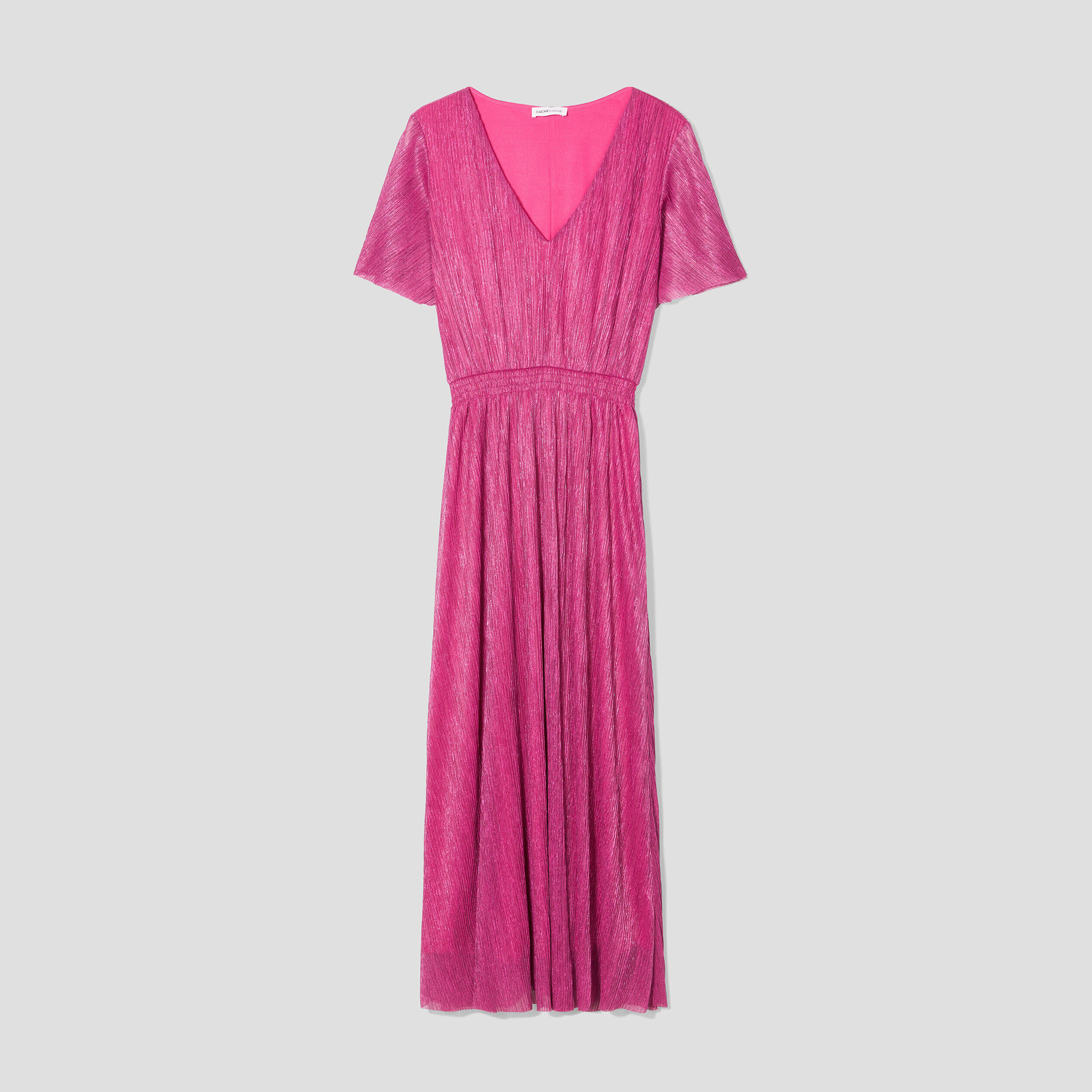Robe longue évasée plissée rose framboise femme | Cache Cache