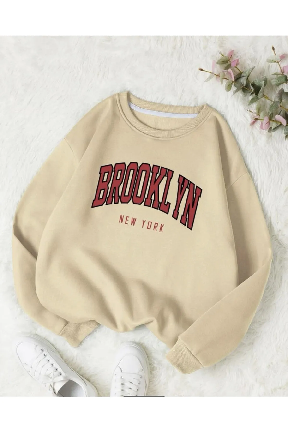 MOONBULL  Beiges Oversize-Sweatshirt mit Bronklyn-Print für Unisex
