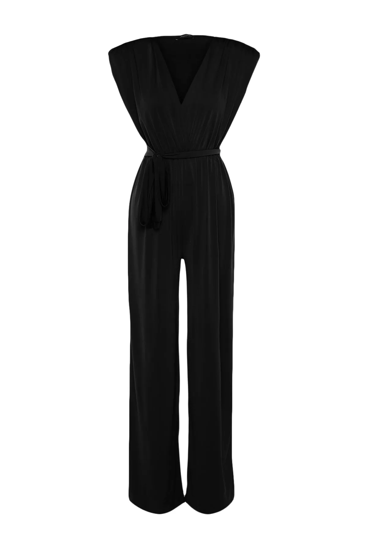 Trendyol Collection  Schwarzer Strick-Jumpsuit mit V-Ausschnitt und Gürtel TPRSS23TU00029