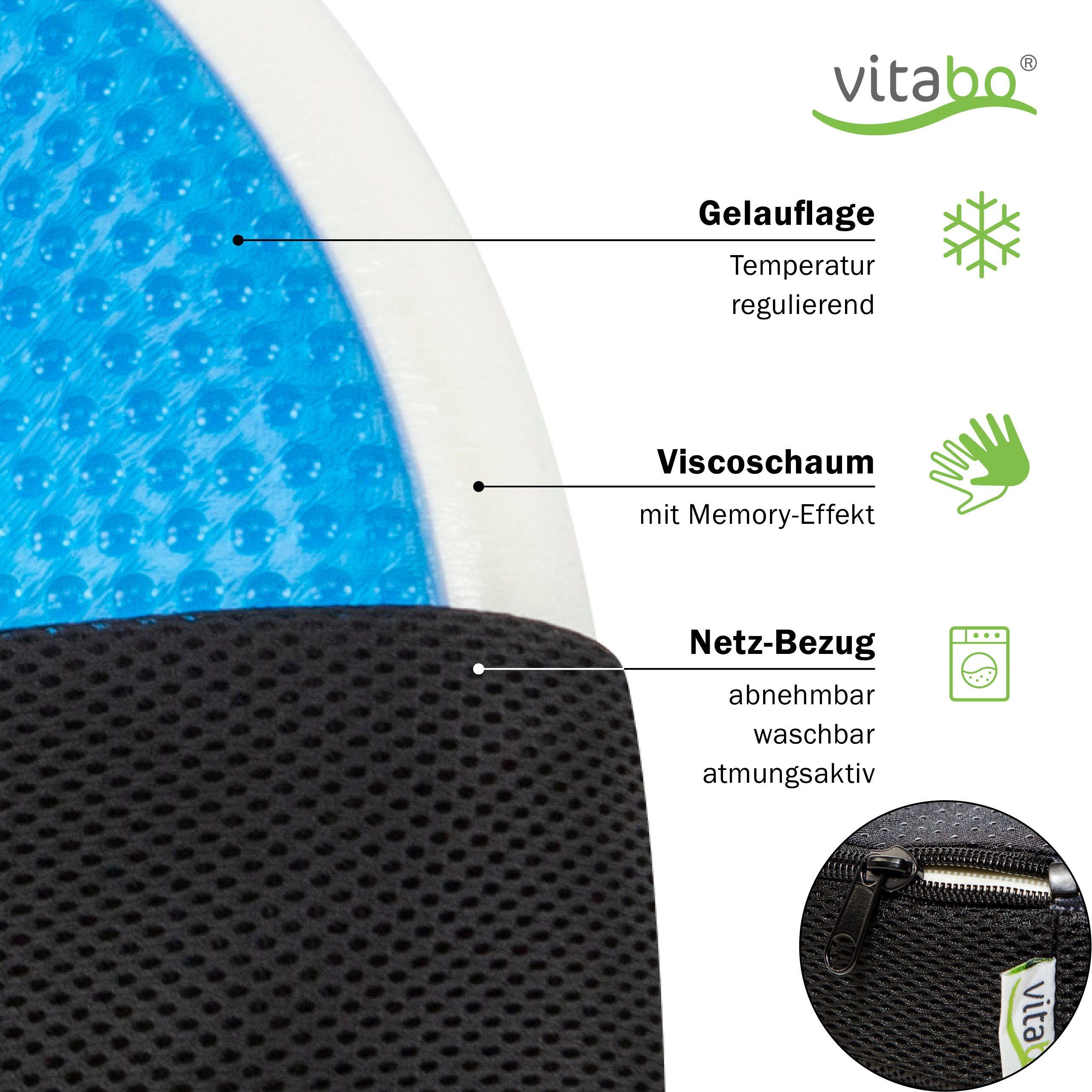 Vitabo Steißbeinkissen Vitabo Ergonomischer Steißbein Sitzring – Steißbeinkissen in O-Form mit Gel-Schicht I Ringkissen, Sitzdonut aus Memory-Schaum (Schwarz), mit kühlender Gel-Auflage, Anti-Rutsch-Noppen an der Unterseite sorgen für einen sicheren