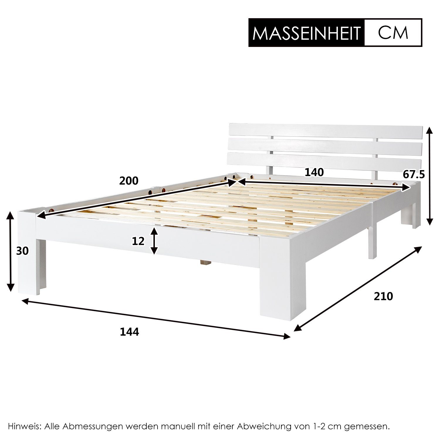 WISHDOR Holzbett Doppelbett Holz Bett Kinderbett Jugendbett Massivholzbett 140x200 cm (ohne Matratze Massivholzbett Bettgestell mit Lattenrosten mit Kopfteil), FSC Massiv Massivholz Kieferbett
