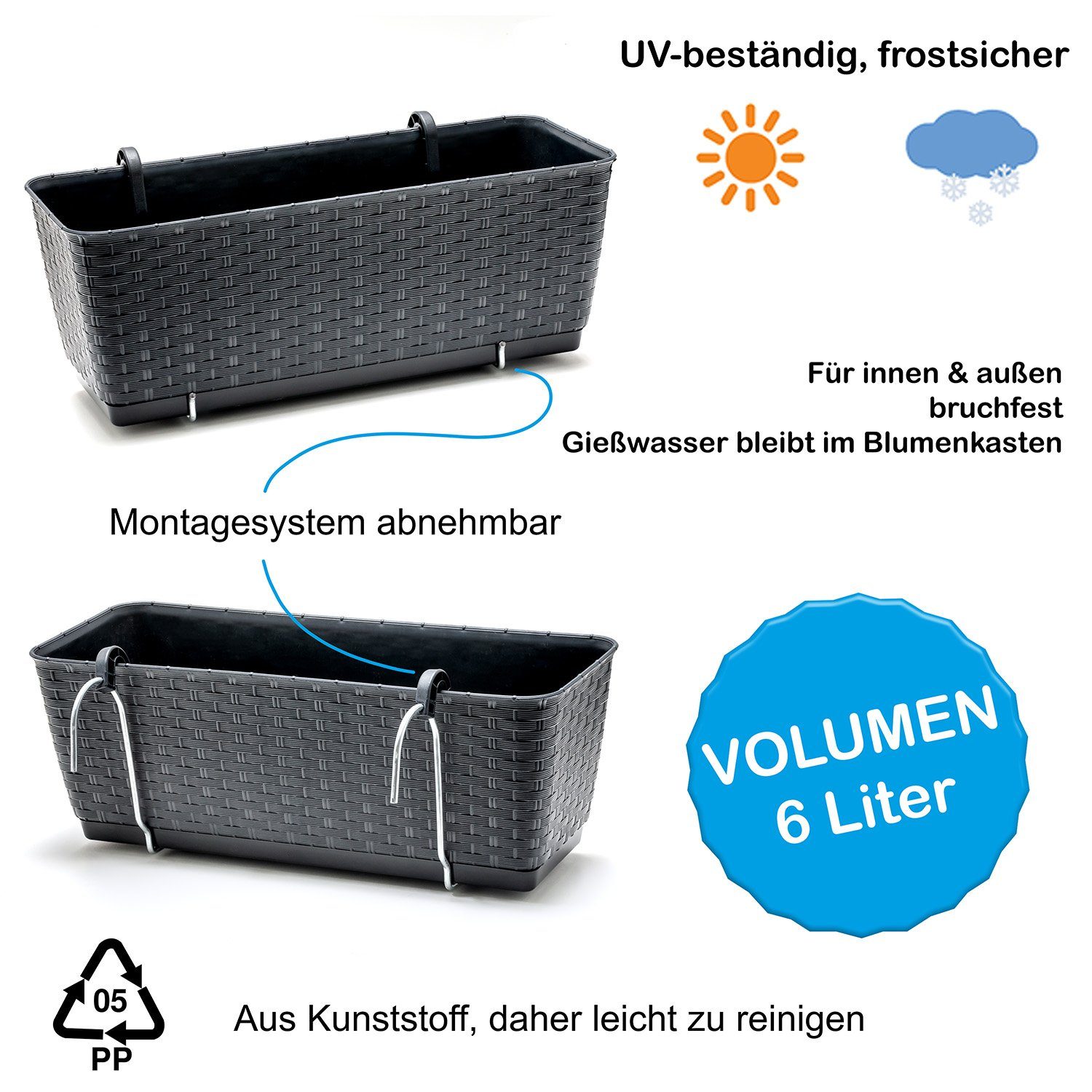 BigDean Blumenkasten 2x Bewässerungssystem + Halterung Rattan-Optik Anthrazit 39x15,5x14cm (2 St)