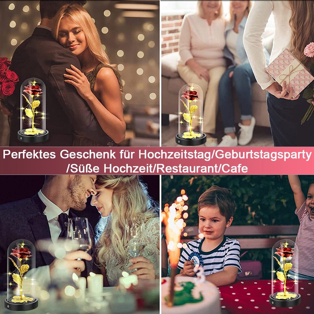 Kunstblume Rose im Glas: Edle Kunst-Rose & Bär, mit LED Lichter,ewige Blumen, Sunicol, Höhe 22 cm, für Hochzeit Muttertag Geburtstag Valentinstag Geschenk