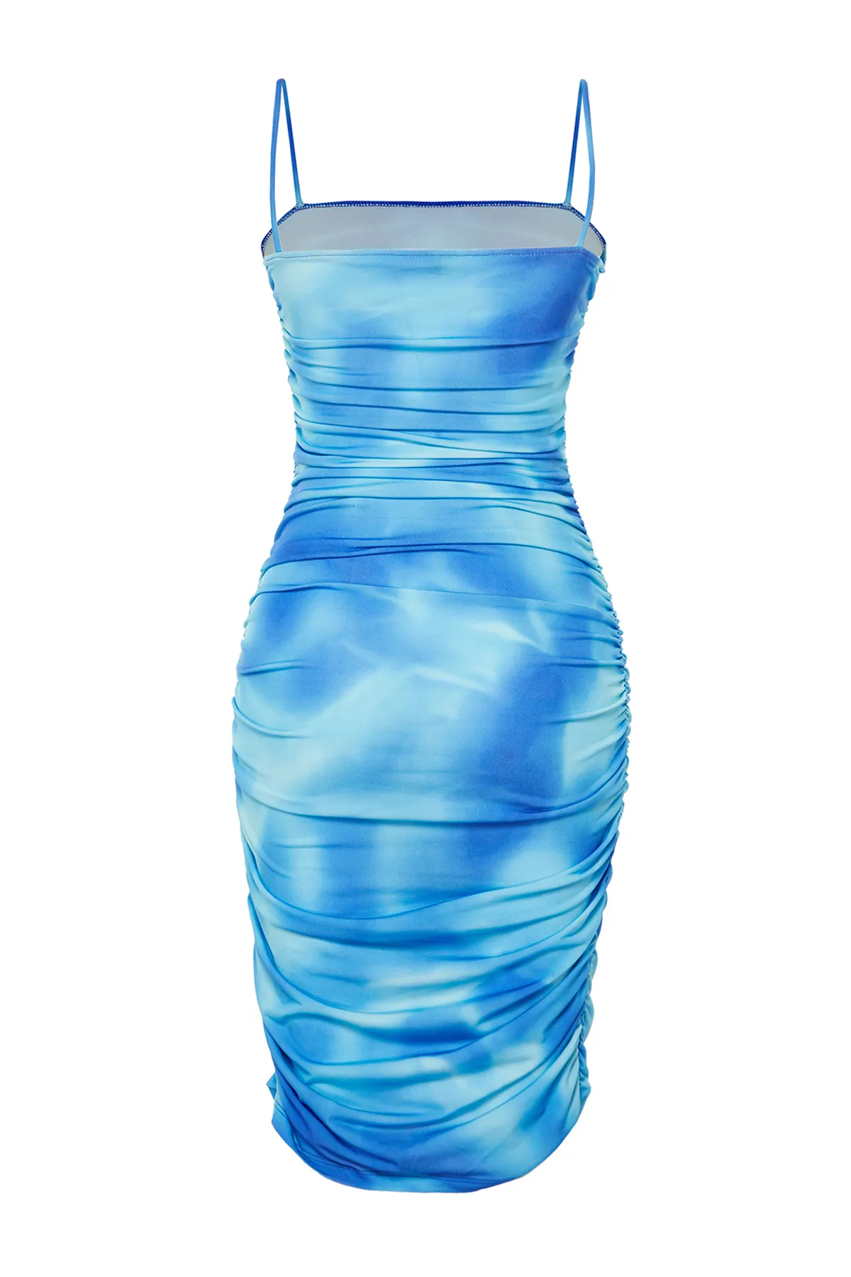 Trendyol Collection  Blaues, eng anliegendes Mini-Bleistiftkleid aus Stretch-Strick mit abstraktem Muster und Raffung/Drapierung TWOSS24EL00385