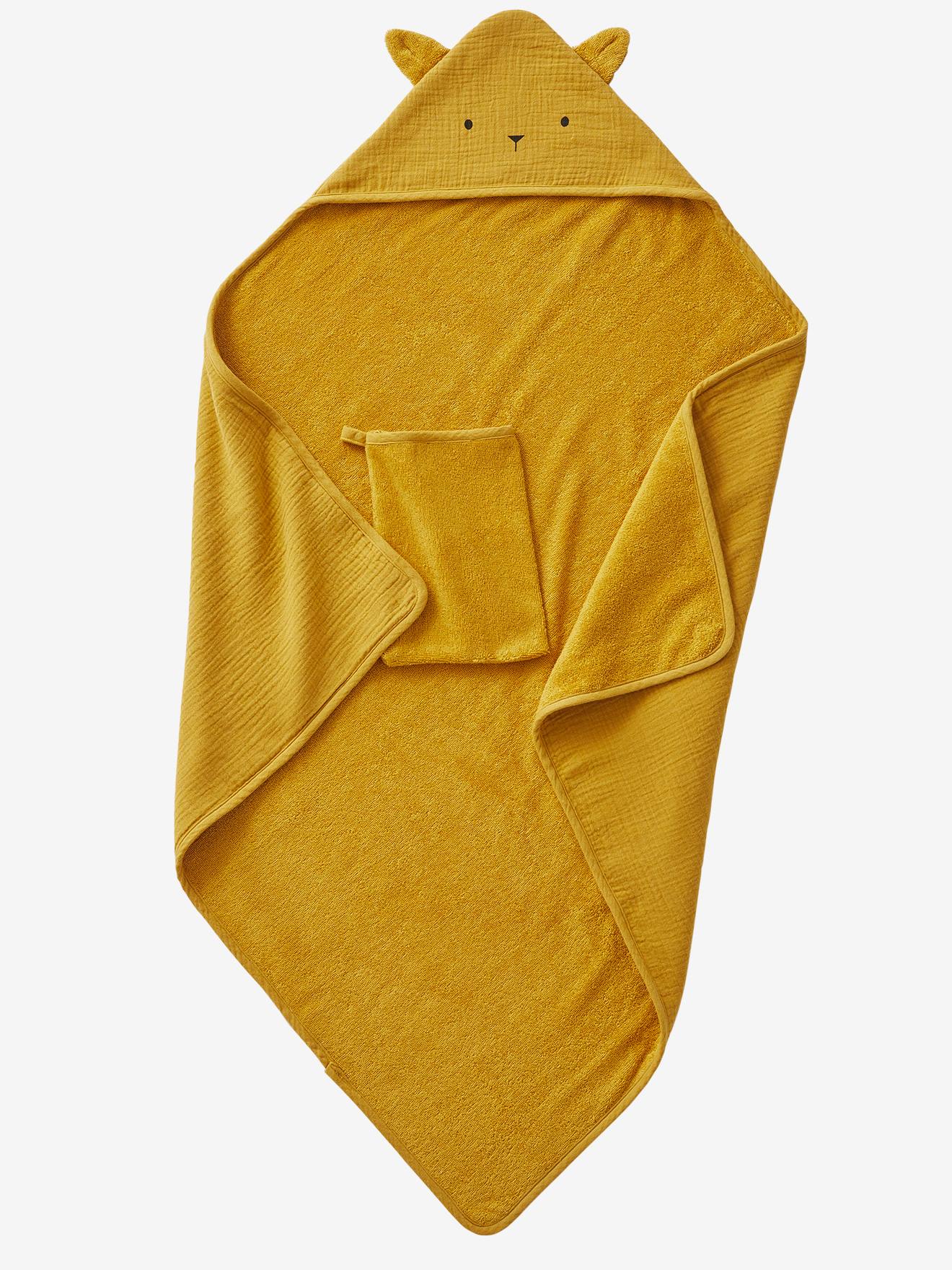 Vertbaudet Bio-Kollektion: Baby Kapuzenbadetuch & Waschhandschuh - senfgelb