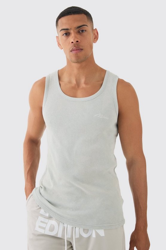 Geripptes Slim-Fit Man Signature Tanktop mit Acid-Waschung